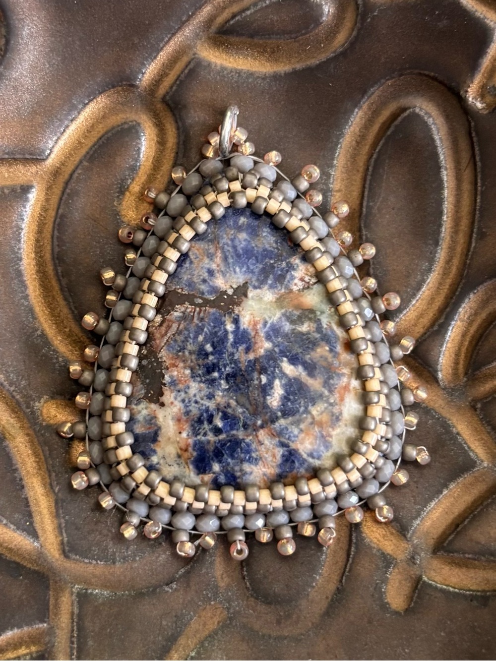 Handmade Sodalite Bead Embroidered Pendant